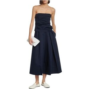 CO Strapless Cotton + Silk Midi Dress | Corset Bustier A-Line Skirt Navy Blue M